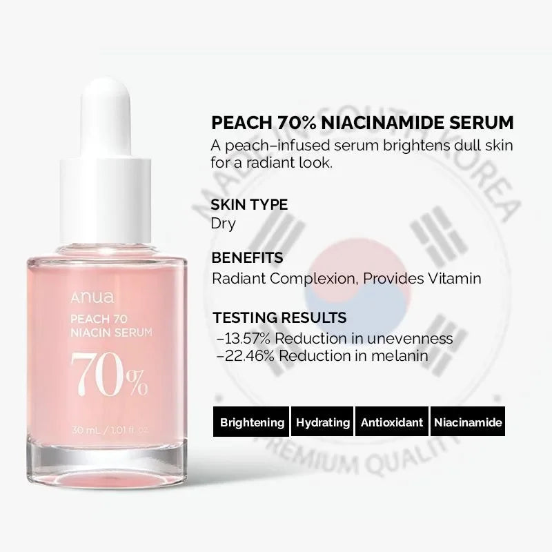 Sérum Visage Éclaircissant à la Pêche 70% – Niacinamide Anti-Taches & Hydratant Peau Radieuse